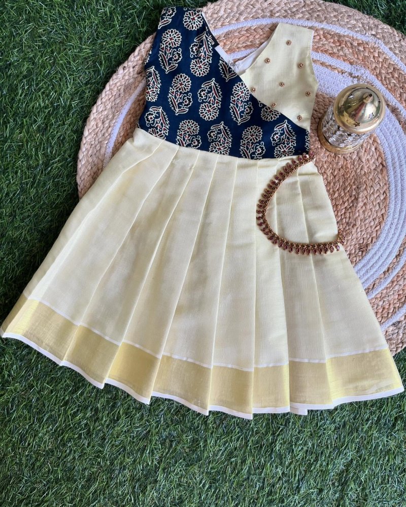 Pattu Pavada – Ivory & Indigo Block Print
