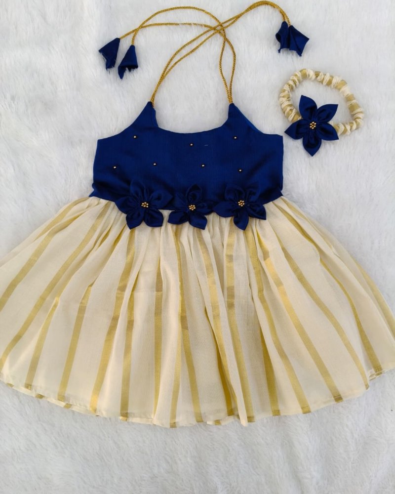 Party Frock – Navy Floral & Gold Stripe